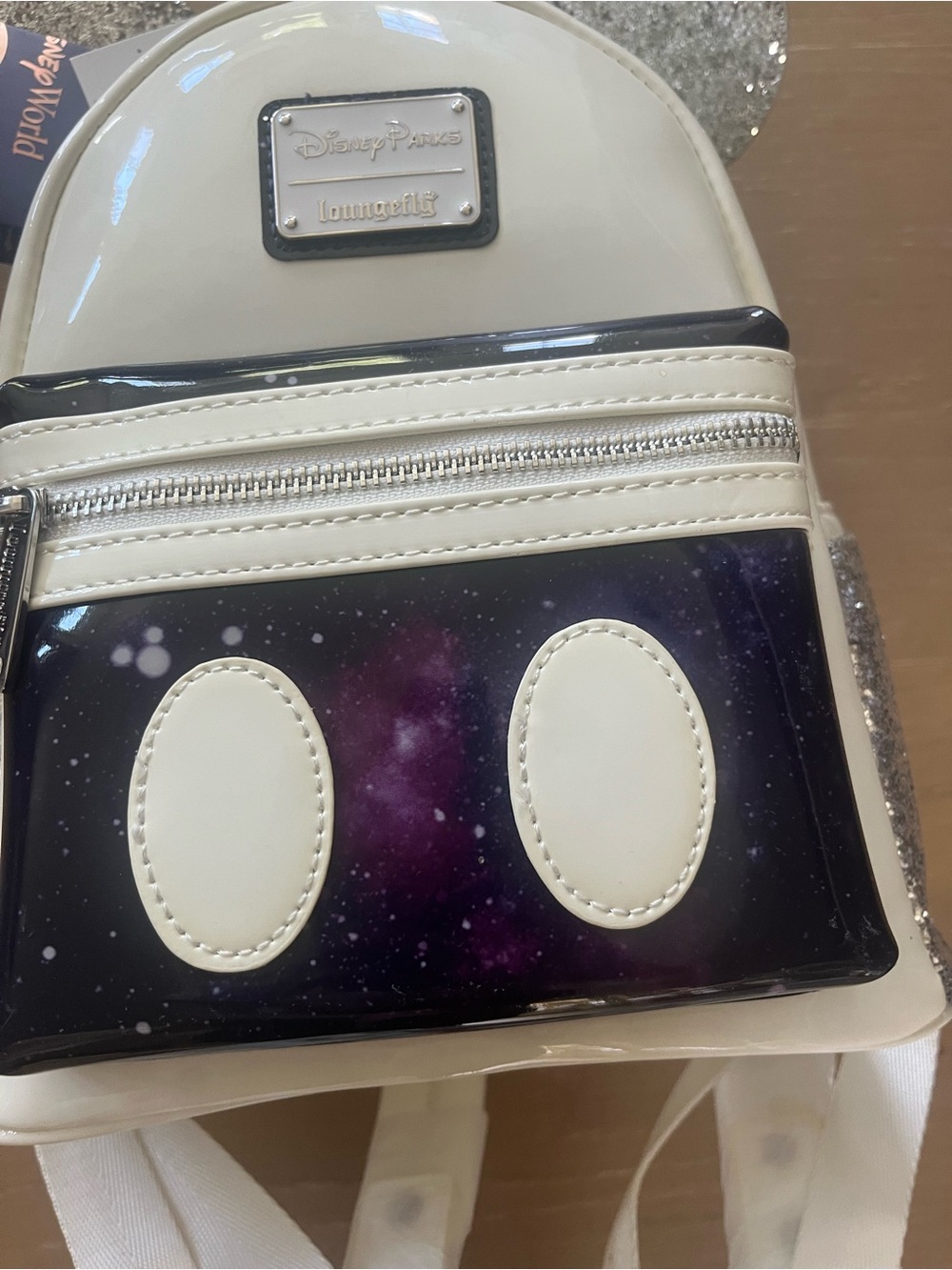 Loungefly White and Silver Mickey Ear Mini Backpack with Galaxy Pocket - Picture 5 of 14